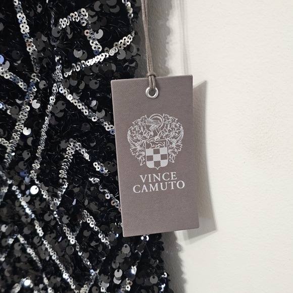 Vince Camuto Women Dress 4 Black Mini Capped Sleeve Deep Vneck Sheath Sequin 748 - Picture 8 of 15